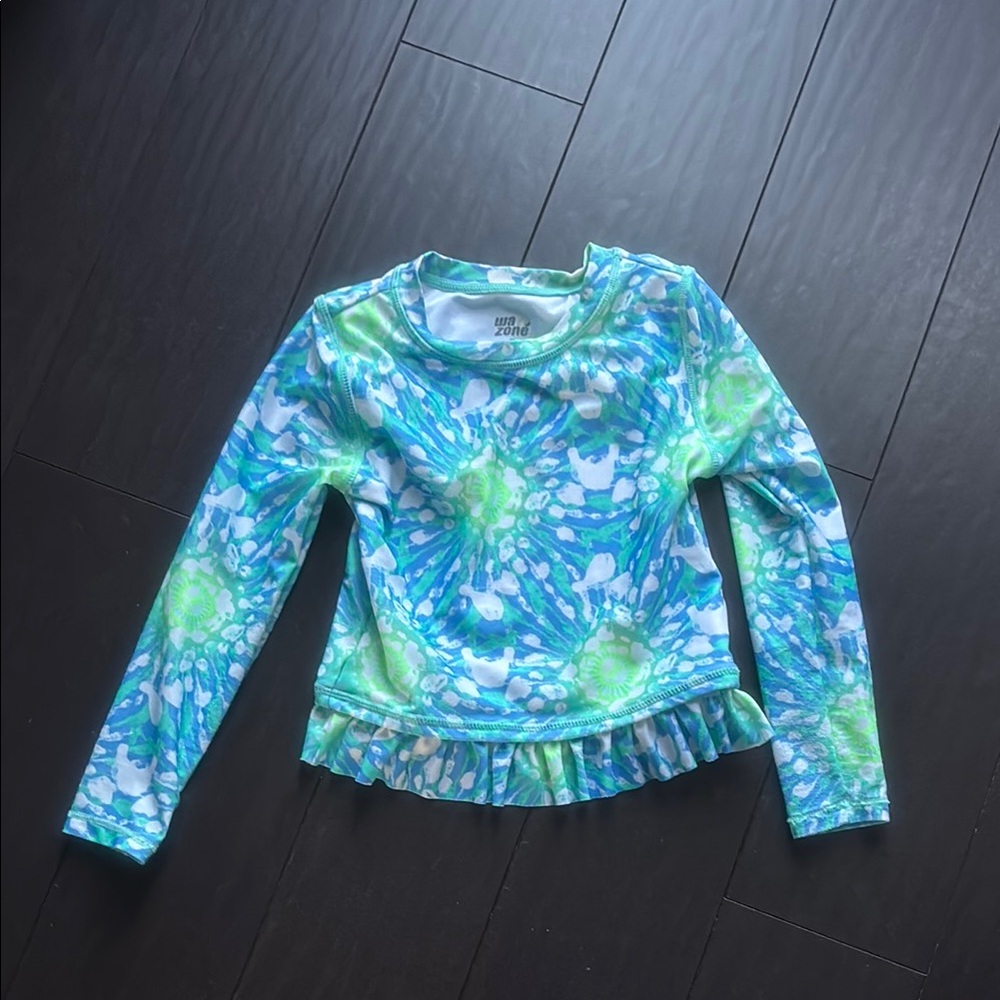 Blue and Green Rashguard Swim Top with Tie-Dye Design